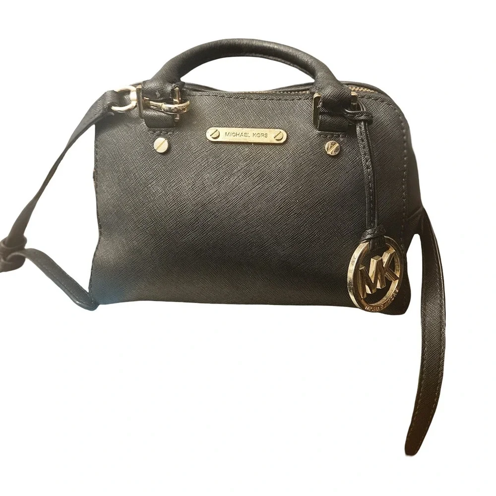 Michael Kors Bedford Mini Satchel Black Saffiano Leather Crossbody Bag Gold Tone